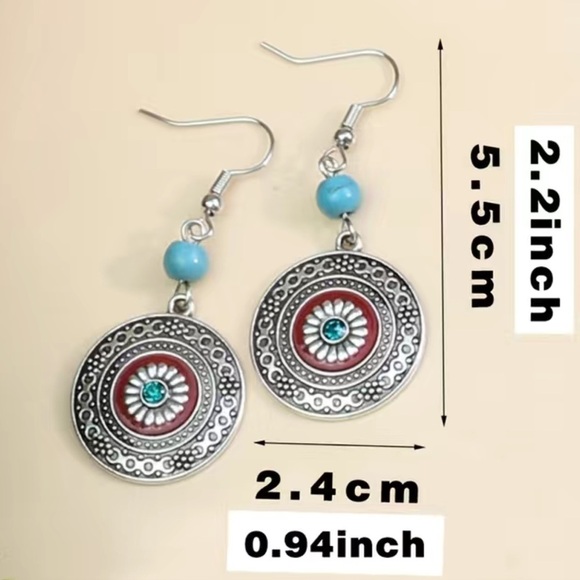 Boho Western Chic Dangle Drop Earrings Pierced Antique Silver Red Turquoise - Picture 5 of 16
